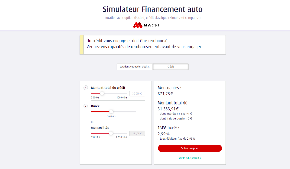 crédit auto MACSF simulation en ligne