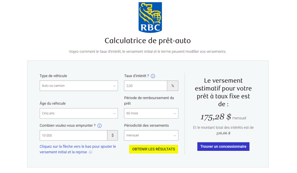 calcul prêt auto RBC